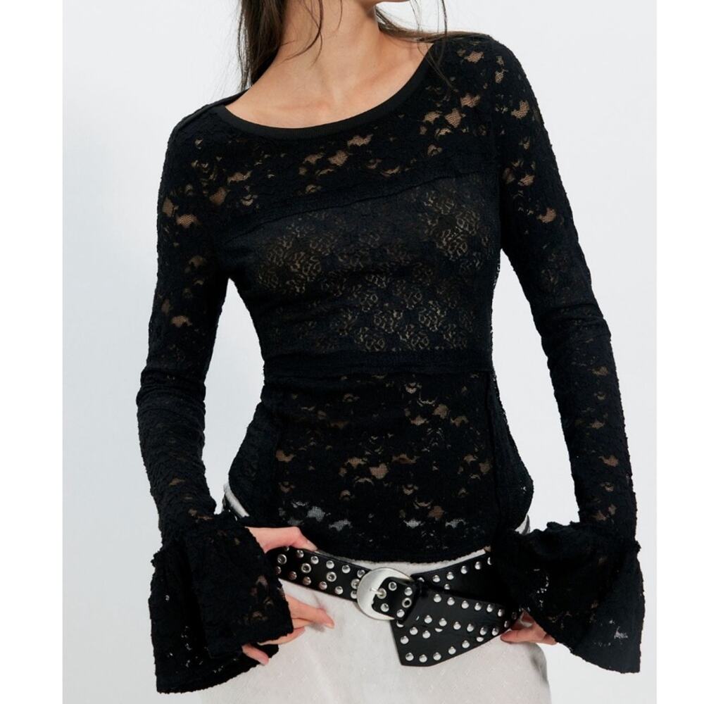 Free People Sheer Lace Flared Long Sleeve Top in Black Size L